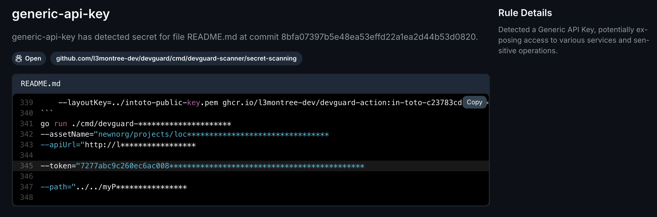 Screenshot of a found API key in DevGuard