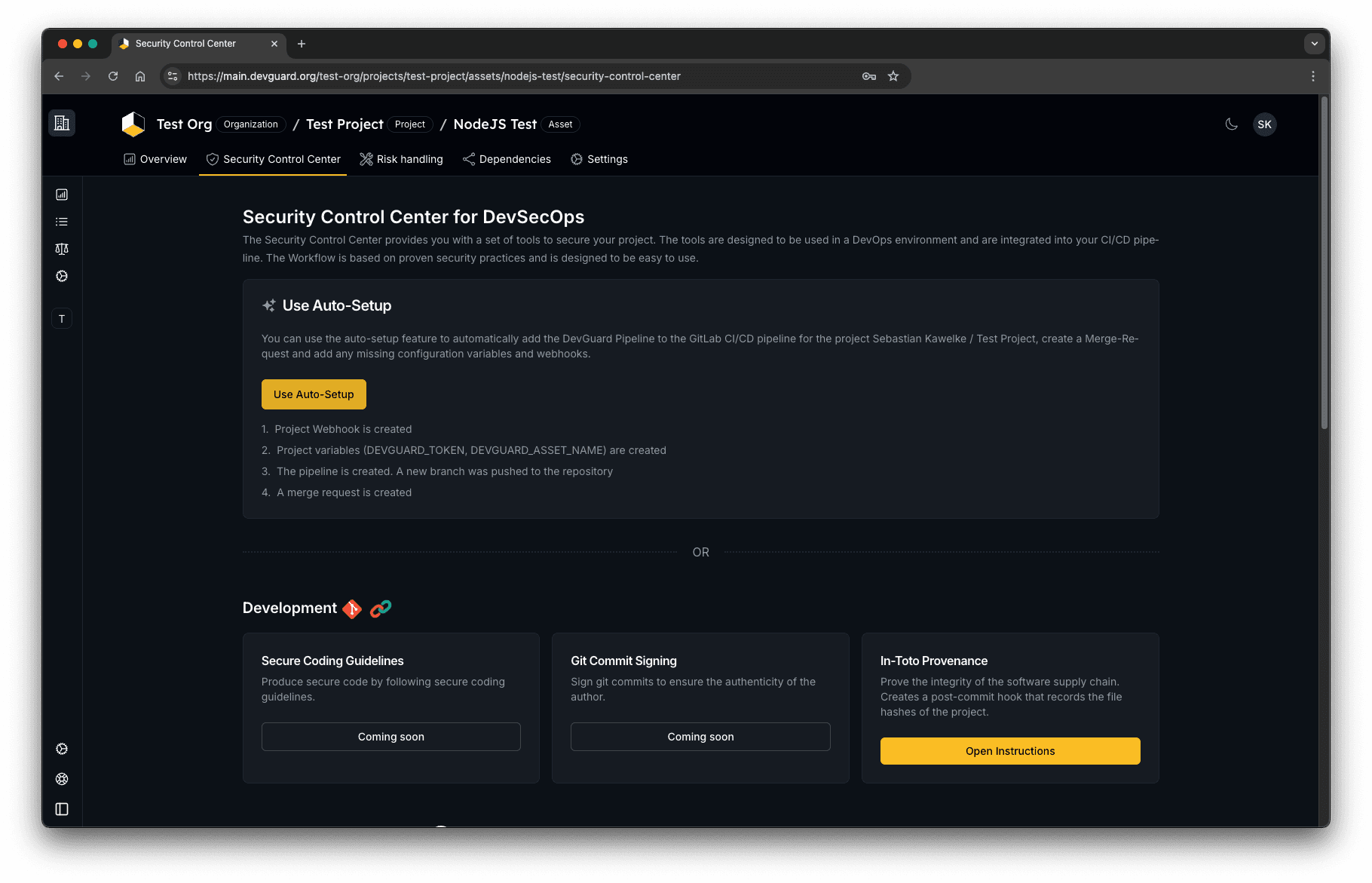 Go to the security control center of the asset and click on auto setup to create a pipeline