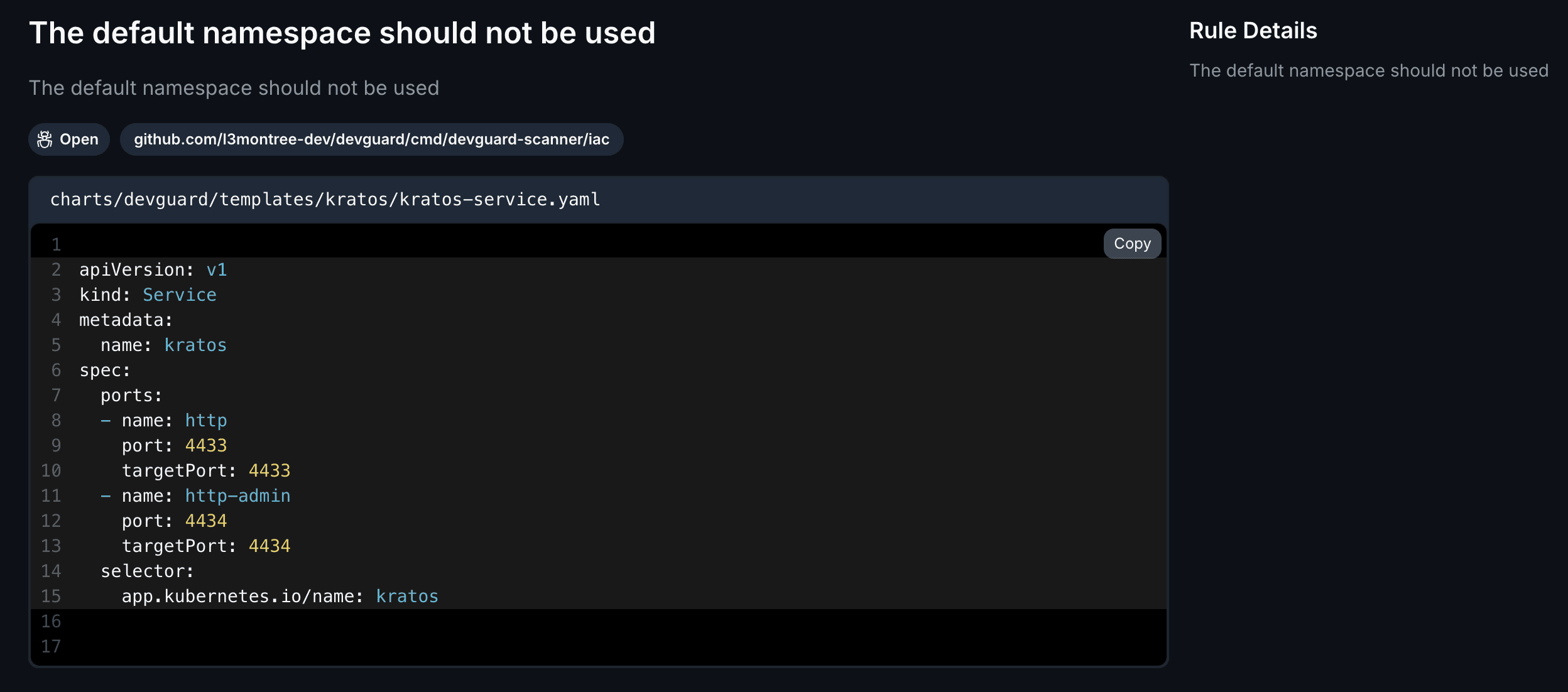Screenshot of an IaC finding in DevGuard