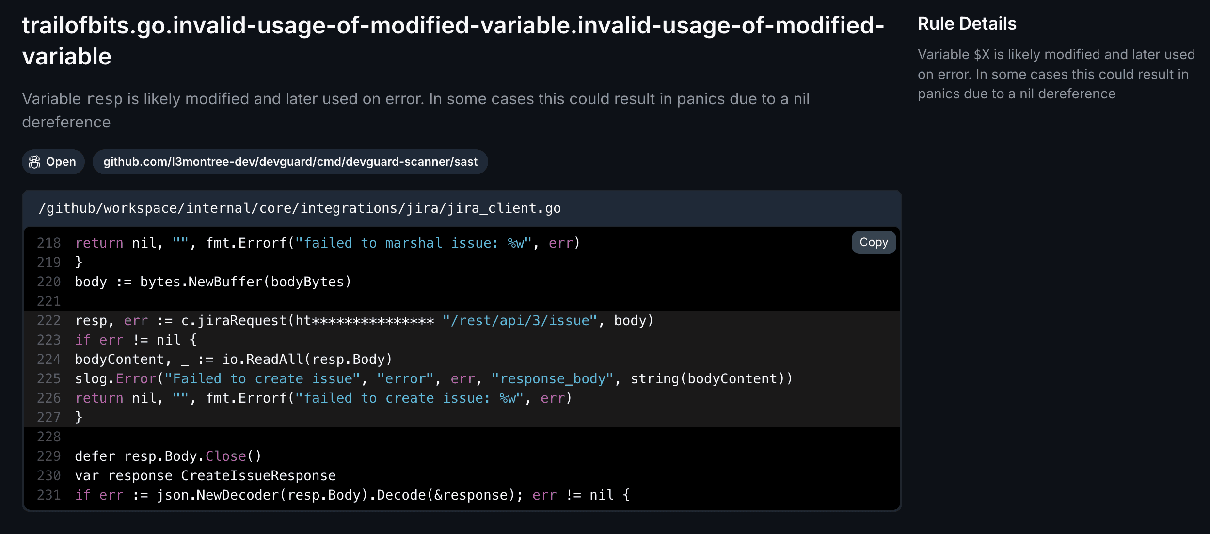 Screenshot of a SAST finding in DevGuard