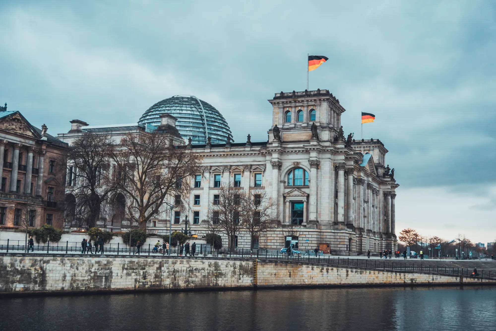 The Reichstag, seat of the German parliament, on the bank of the Spree river in Berlin