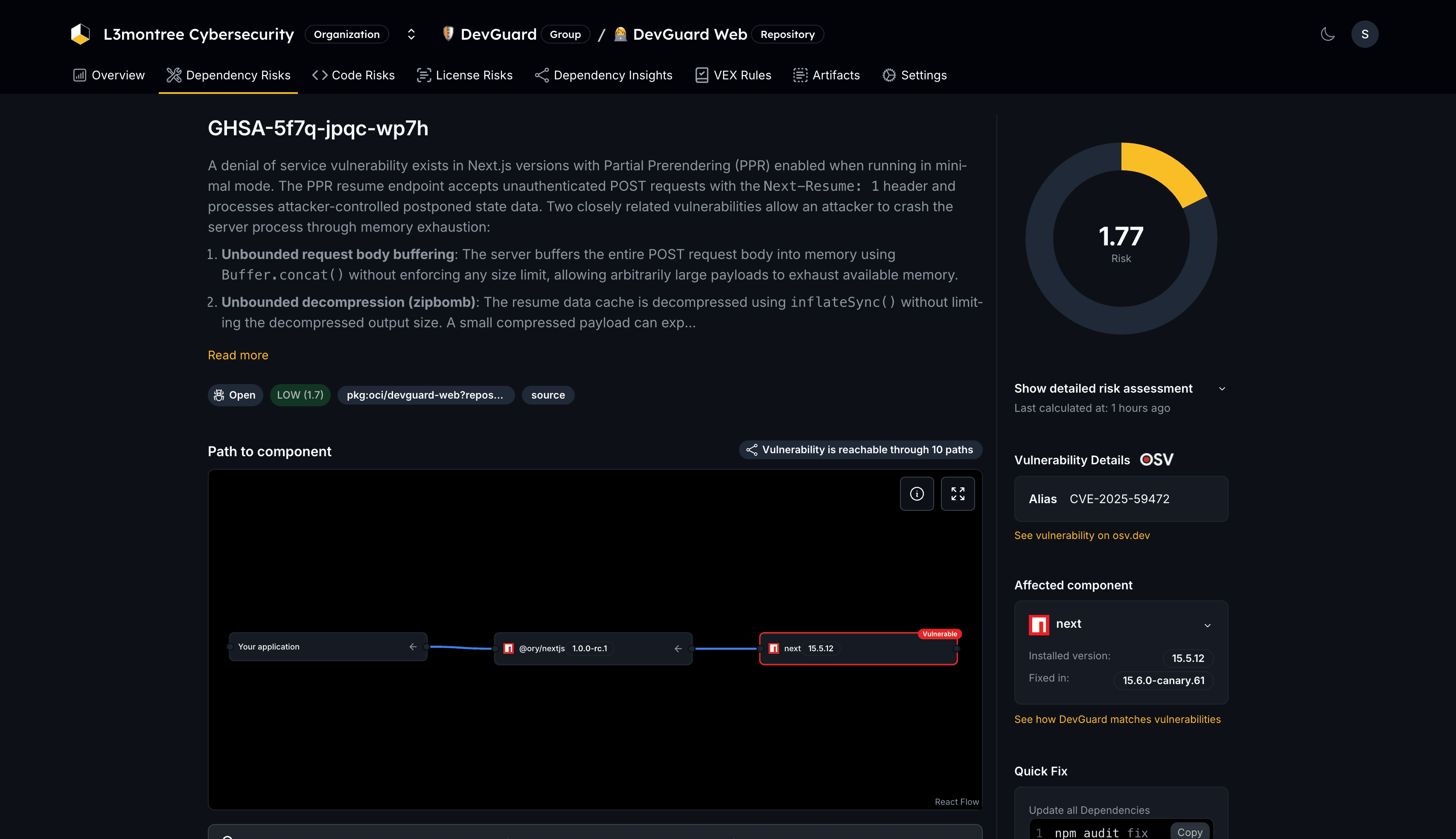 DevGuard dependency risk details