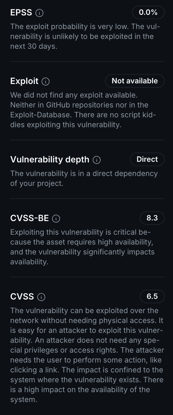 Screenshot of the DevGuard Risk Assessment per CVE